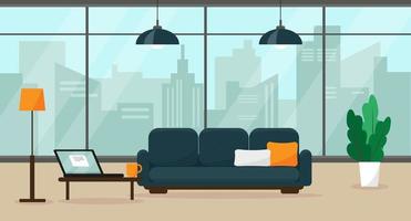 Modern home office with big window and furniture. Work at home or freelance concept. Interior vector illustration.