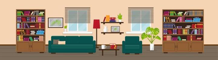 Living room or library with bookcase, sofa, table, lamp, bookshelves and window. Interior concept. vector