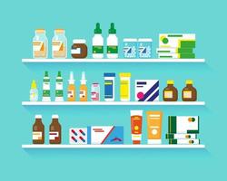 estantes con medicamentos. diferentes tipos de drogas en tres estantes. ilustración vectorial plana. vector
