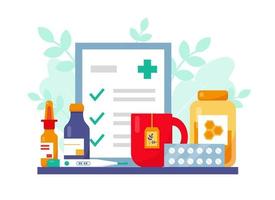 Flu or cold treatment concept. Medication, recipe and cap of tea with honey for flu patient. Vector banner illustration.