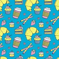 Desserts repeating pattern. Vector color filled doodle background.