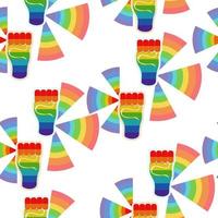 Pride seamless pattern, rainbow hand and rays on white background vector