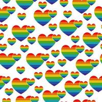 Corazones en rayas de arco iris patrón sin costuras sobre fondo blanco. vector