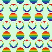 Pride seamless pattern, rainbow circle and circle with cut out heart shape on green background vector