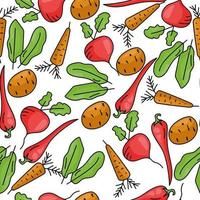 Doodle vegetables seamless pattern, simple contour greens and root vegetables on white background vector