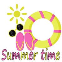 Summer time, bright flip flops, swimming circle and goggles summer theme lettering for design or booklet vector