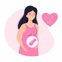 Happy pregnant woman in pink dress. It is a girl. Determination of the child sex. Gender party. vector