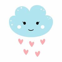 Cute cloud with heart on white background. Rain. Vector doodle illustration. Summer smiley face. Sticker for girl. Decor of postcard. Print on poster and clothes.