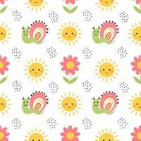 Cute baby pattern. Snail with rainbow. Summer background in nursery. Wallpaper for printing on fabric and packaging paper. vector