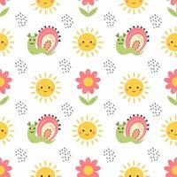 Cute baby pattern. Snail with rainbow. Summer background in nursery. Wallpaper for printing on fabric and packaging paper. vector