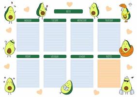 planificador para la semana con lindo aguacate. lista de quehaceres. horario de clases. vector