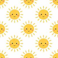 Cute yellow sun with face and smile. Seamless pattern for sewing clothes and printing on fabric. Endless background in nursery. vector