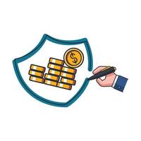 icono delgado de color de colección de escudo de dibujo para proteger moneda de dinero, mano, ilustración de vector de concepto de negocio de seguros.