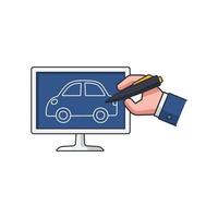 Collection colored thin icon of drawing car on TV display, business idea concept vector illustration.