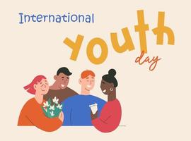 banner vectorial con jóvenes felices y sonrientes por el concepto del día internacional de la juventud vector