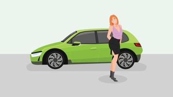 Female salesperson with new car green light color. Presentation in the showroom clear color. View beside the hatchback car. vector