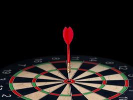 Red dart arrow on center of dartboard. Concept business target, success and win photo