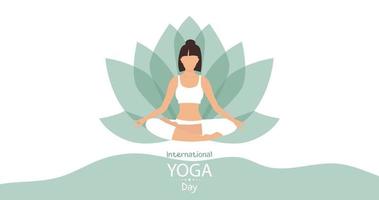mujer joven en pose de loto. banner vectorial del día internacional del yoga. vector