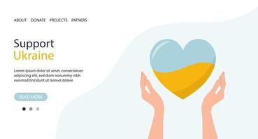 Support Ukraine, hands with heart in colors of Ukrainian flag isolated on the white background. Volunteering concept. Vector illustration