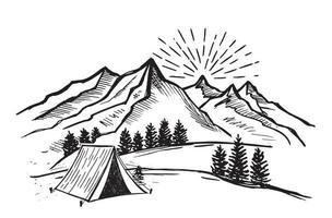 Camping in nature, Mountain landscape, sketch style, vector illustrations.