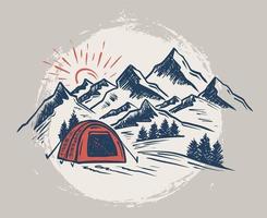 Sketch Camping in nature set, Mountain landscape, vector illustrations.