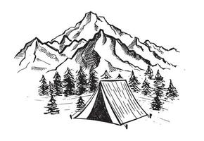 Camping in nature, Mountain landscape, sketch style, vector illustrations.