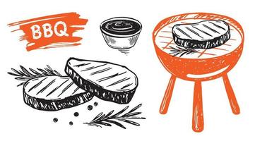 Steak grilled, barbecue, hand-drawn style. Vector illustrations.