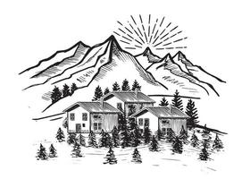 paisaje de montaña, ilustración vectorial, estilo boceto. vector