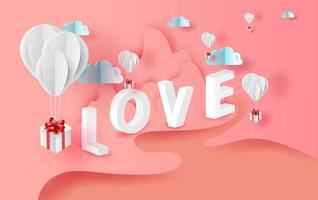 Arte de papel 3d de regalo de globos blancos flotando con montañas y ríos vista del paisaje lugar de la escena para su espacio de texto de amor color rosa fondo pastel.concepto del día de san valentín.vector para tarjeta de felicitación vector