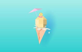 3D Paper art of  Ice cream  with cherry and lemon on the top vanilla cone melting on blue background.Vanilla Cream Melted in Wafer Background .Colorful pop of card or poster.summer season vector