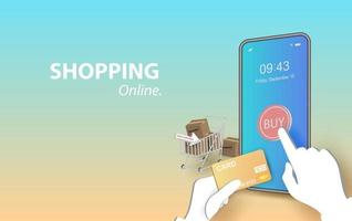 illustration of shopping online  on Mobile Application Vector Concept. banner of phone app templates design. Website or Mobile Application Vector Concept Marketing and Digital marketing view.paper art