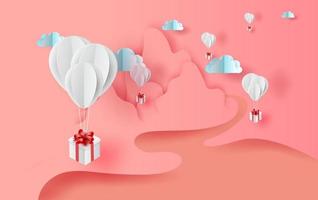 3D Paper art of white balloons gift floating with nature landscape view scene place for your text space sweet pink color pastel background.Valentine's day concept.elements vector for greeting card.
