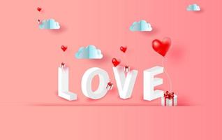 Arte de papel 3d de globos rojos regalo de corazón flotando con paisaje vista horizontal lugar de escena para su espacio de texto de amor color rosa fondo pastel.concepto del día de san valentín.vector para tarjeta de felicitación vector