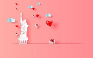 Arte de papel 3d de ilustración de globos rojos regalo de corazón flotando en el cielo con vista de paisaje lugar de escena de sombra para su espacio de texto en la estatua de la libertad nueva york usa,vector de concepto de vacaciones vector