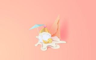 3d paper art of Cute cone white vanilla cup cake and ice cream fall to ground. Cherries and lemon melting on color pastel background.graphic design vector and illustration summer season concept.