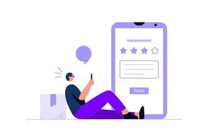 Feedback concept with young man using a mobile phone to rate service vector