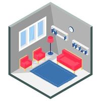 Living room in isometric view with bookshelves, carpet, lamp, sofa, chair and window vector