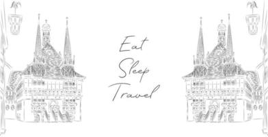 Hand drawn Castle for postcards with text. Vector sketch building for banners, web.