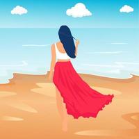 linda chica en falda roja con camiseta blanca de pie en la playa cerca del mar. Oceano. vector