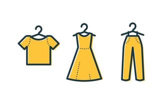 Cloth on hanger collection. T-shirt Dress Trousers line icon. Vector