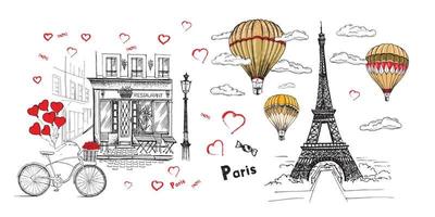 French icons, set of hand drawn style, Paris sketch illustration, vector.