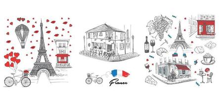 Set of hand drawn French icons, Paris sketch illustration vector
