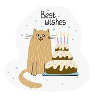 tarjeta de felicitación con un lindo gato y pastel de cumpleaños. ilustración vectorial plana dibujada a mano y letras de los mejores deseos. mascota divertida. vector