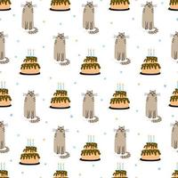 Vector seamless pattern with cats and birthday cakes. Hand drawn flat illustration. Great for wrapping paper.