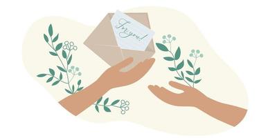 Hands holding a kraft paper envelope with a letter. Sending and receiving a letter. Inside blank card, letter paper. against botanical elements of branches with leaves vector