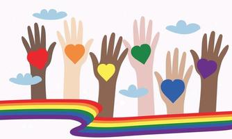 Vector illustration of LGBT community. Hands of different colors with rainbow hearts. Crowd of people with symbols at a gay parade. Color wave