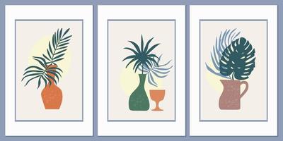 A set of templates with an abstract composition of simple shapes. Tropical palm leaves in a vase. Collage style, minimalism vector