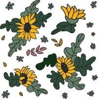 Sunflower set. The flowers are hand drawn. Vector elements for invitation design, templates, prints