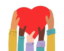 Hands with different skin colors holding a red heart. Friendship and love of nationalities, the concept of international community vector