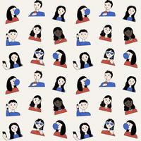 Seamless pattern with people. Teenagers of different nationalities and colors. Friends walk together, listen to music, take pictures, talk on the phone. vector